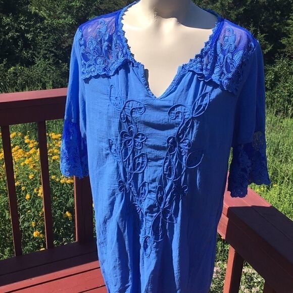 Gretty Zueger Embroidered mesh cotton elbow length sleeve Tunic Ocean Blue Med - Picture 7 of 17